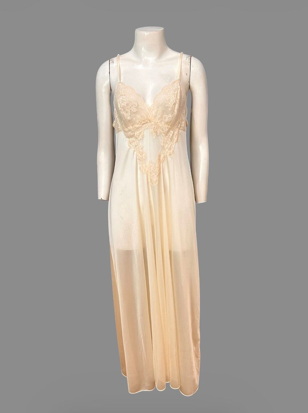 Vintage 70s Kayser Ivory Nylon Lace Nightgown L Sheer Peekaboo Bridal Maxi M -